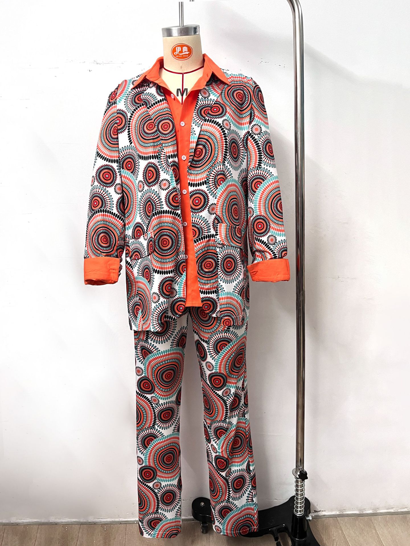 Couple 70s 80s Disco Hippie Costume Set Retro Circular Print Flared Pants Outfit